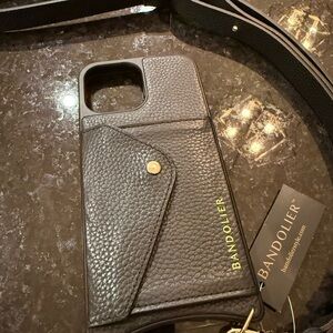 iPhone 13 Pro Max Bandolier Black Leather Phone Case with Strap